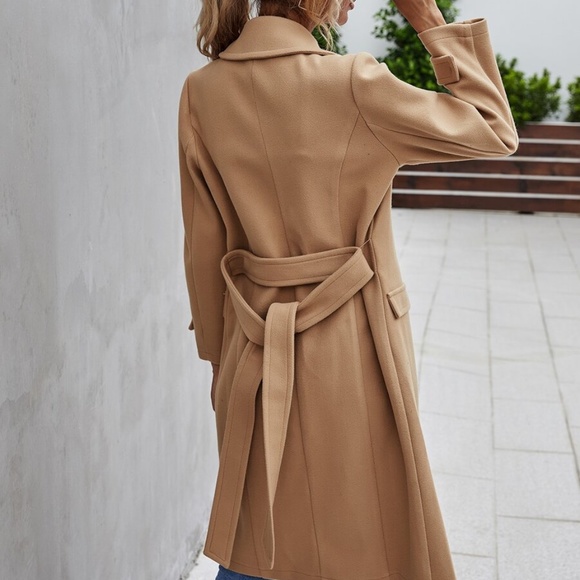 Camel Button Trench Pea Coat Belted Jacket - Picture 5 of 8